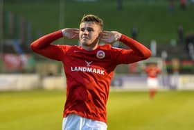 Ronan Hale celebrating scoring for Larne. Pic by Pacemaker.