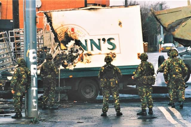 Soldiers in the aftermath of a bombing, Northern Ireland, 1990 (from National Army Museum)