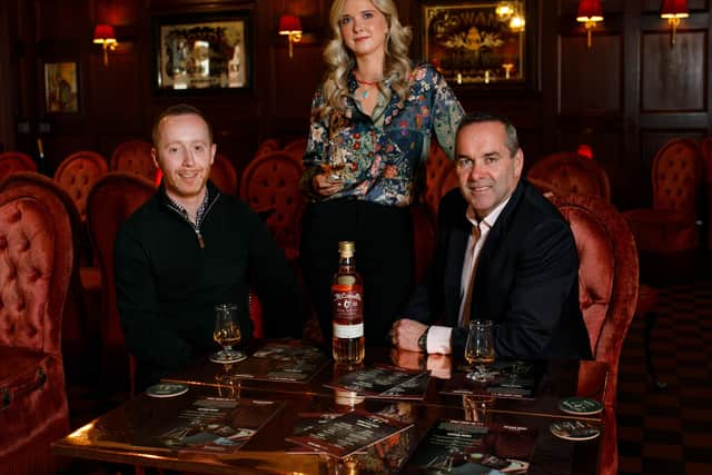 Belfast Distillery Company's John Kelly, CEO and Dessie Roche, commercial manager joined Sarah Kennedy, brand ambassador to launch the new McConnell's Irish Whisky Sherry Cask Finish