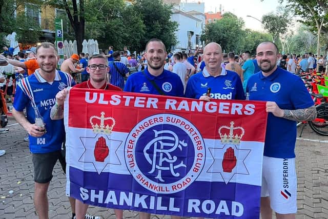 Mark Foster (centre) from the Shankill area of Belfast with friends in Seville for the Europa League final