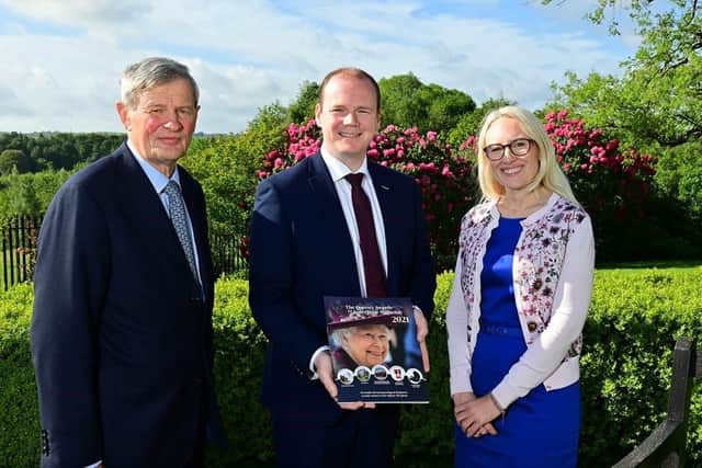 Economy Minister Gordon Lyons with Her Majesty’s Lord-Lieutenant of County Antrim, David McCorkell KStJ and Nichola Bruno, Head of Queen’s Awards for Enterprise