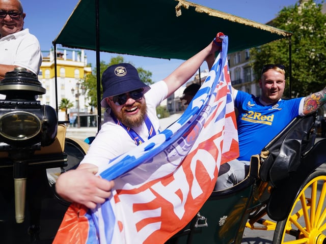Rangers fans ride by carriage in the old town of Seville, ahead of the UEFA Europa League Final at the Estadio Ramon Sanchez-Pizjuan. Picture date: Wednesday May 18, 2022. PA Photo