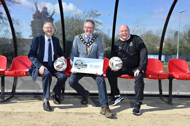 Councillor William McCaughey, Mayor of Mid and East Antrim Borough Council, David Jeffrey, manager Ballymena United FC and Victor Leonard, Chairman STATSports SuperCupNI