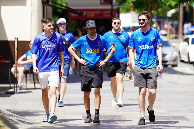 Rangers fans walk through the centre of Seville, ahead of the UEFA Europa League Final at the Estadio Ramon Sanchez-Pizjuan.