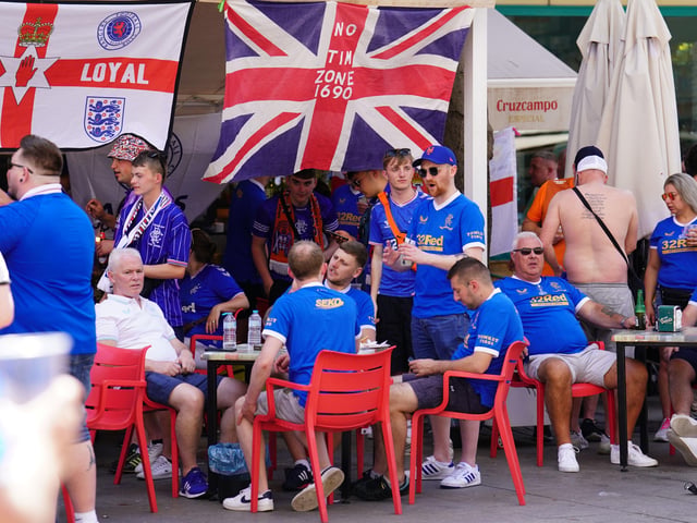 Rangers fans gather in Plaza de la Encarnacion ahead of the UEFA Europa League Final at the Estadio Ramon Sanchez-Pizjuan, Seville.