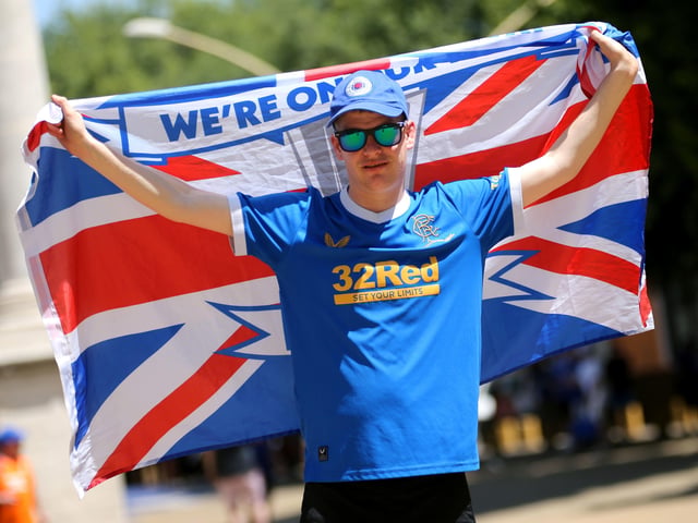 A Rangers fan at the Alameda de Hercules ahead of the UEFA Europa League Final at the Estadio Ramon Sanchez-Pizjuan, Seville.