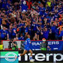 Rangers' Joe Aribo celebrates scoring the opening goal during the UEFA Europa League final at the Estadio Ramon Sanchez-Pizjuan, Seville. Pic by PA.