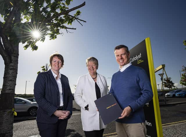 Guest speaker Helen McCarthy, CEO of pHion Therapeutics, Catalyst chair Ellvena Graham and Catalyst CEO Steve Orr are pictured ahead of an event to launch Catalyst’s Impact Report and five year strategy