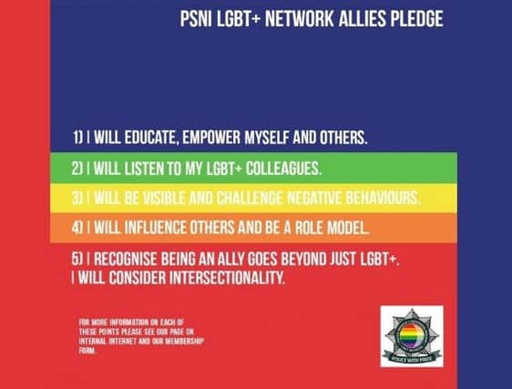 A message from the PSNI’s LGBT Network (the phrase ‘intersectionality’ at the end is another word for what is often called ‘identity politics’ – the idea that people suffer layers of oppression based on gender, colour & sexuality)