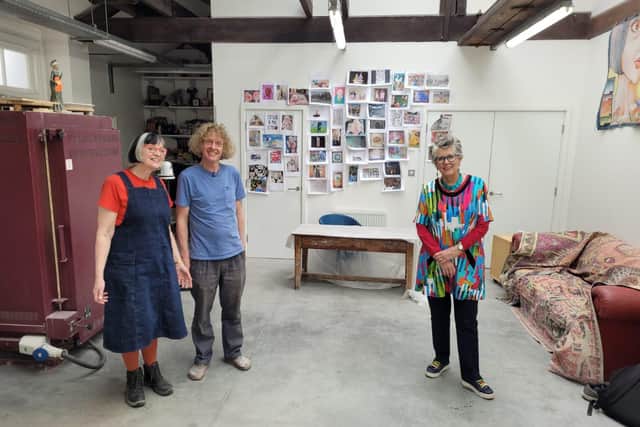Dame Prue Leith visiting the studio with Grayson Perry and his wife Philippa