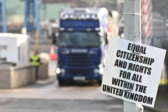 An anti-protocol placard at the Port of Larne