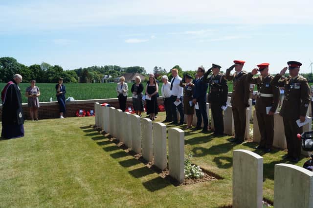 A re-dedication service for Private John Martin Roberts, of the North Irish Horse, who was killed at the Somme in August 1918, weeks before the end of the Great War. The ceremony was held on Wed May 18 2022 at CWGC Queens Cemetery, Bucquoy, France
, conducted by Rev Dr Isaac Thompson, chaplain to the the Royal Irish Regiment.
Picture sent in by David Kernohan