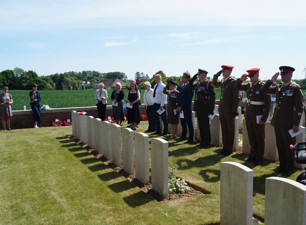 A re-dedication service for Private John Martin Roberts, of the North Irish Horse, who was killed at the Somme in August 1918, weeks before the end of the Great War. The ceremony was held on Wed May 18 2022 at CWGC Queens Cemetery, Bucquoy, France, conducted by Rev Dr Isaac Thompson, chaplain to the the Royal Irish Regiment. Picture sent in by David Kernohan