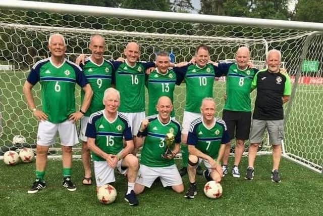 Northern Ireland over 60s World Cup 5-a-side winners in Zurich 2022. Included in the line-up is former Cliftonville captain Marty Tabb (16) and ex-Glenavon stirker Geoff Ferris (9).