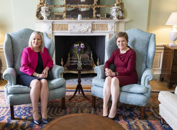 Scotland's First Minister Nicola Sturgeon (right) and Sinn Fein Vice President Michelle O'Neill ahead of a meeting at Bute House, Edinburgh