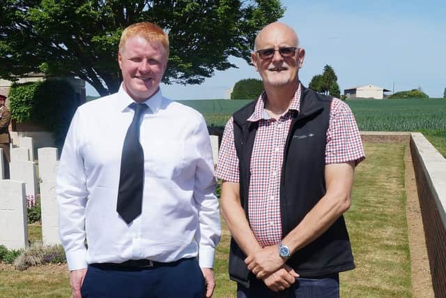 Private John Roberts' great grandson, Craig Roberts from Bangor, with Phillip Tardif who did the research that identified Pte Roberts at CWGC Queens Cemetery, Bucquoy, France, on Wednesday May 18