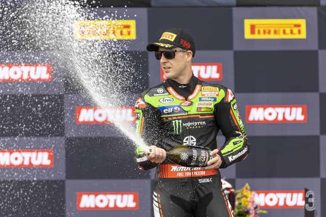 Joanthan Rea sprays the victory champagne at Estoril in Portugal