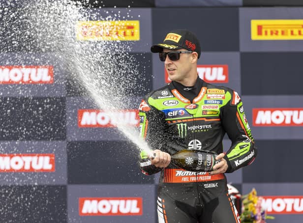 Joanthan Rea sprays the victory champagne at Estoril in Portugal