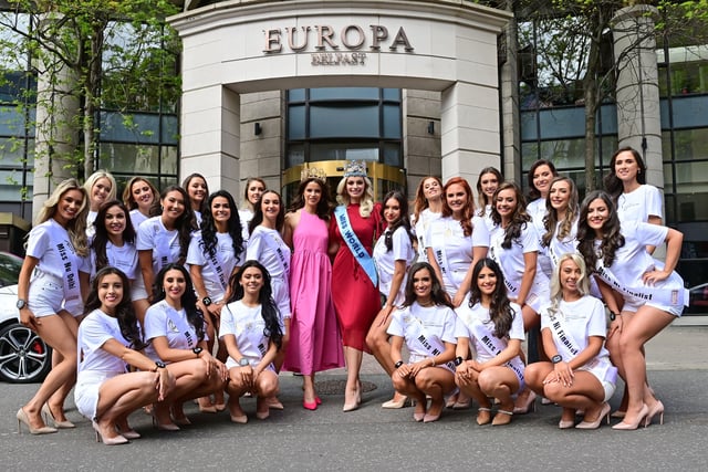 Miss World Karolina Bielawska and  Miss NI 2021 Anna Leitch with Finalists of the 2022 contest of  Miss Northern Ireland  at Europa Hotel before the Gala dinner on Monday evening