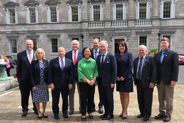 Sinn Fein leader Mary Lou McDonald with the US congressional delegation, led by senior Democrat Richard Neal, at Leinster House in Dublin