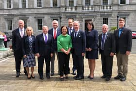 Sinn Fein leader Mary Lou McDonald with the bipartisan US congressional delegation, led by senior Democrat Richard Neal, at Leinster House in Dublin yesterday. Photo: Sinn Fein/PA Wire