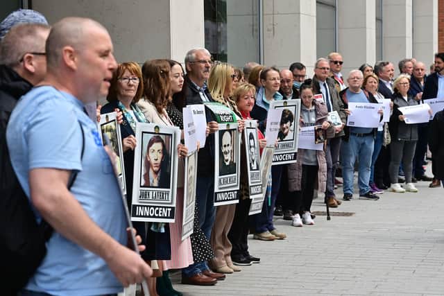 Legacy Families protest outside Erskine House in Belfast City Centre on Monday, against the UK Government's introduction of controversial legacy legislation.

Pic Colm Lenaghan/ Pacemaker