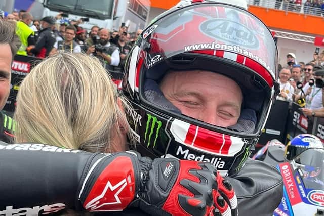 Jonathan Rea hugging his wife Tatia after his recent wins in Portugal