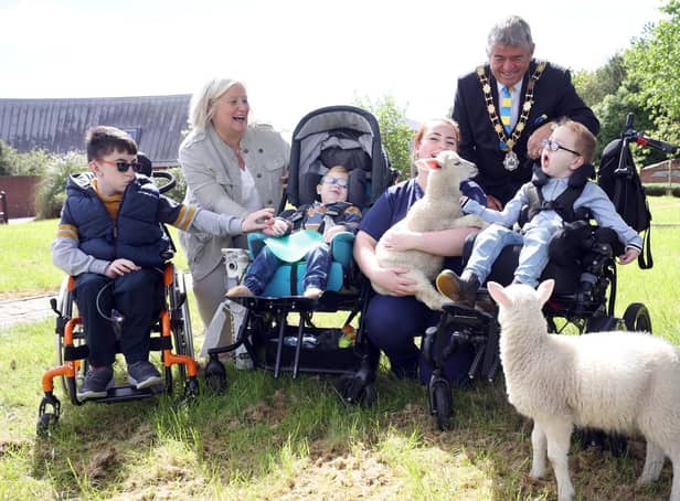 Jack McCrystal (13) from Draperstown, Theo Walker (4) from Belfast and James McKinney (5) from Belfast joined Mayor of Antrim and Newtownabbey, Councillor Billy Webb, NI Hospice Chief Executive, Heather Weir and Nurse Louise Devlin celebrated the honour with the lambs.