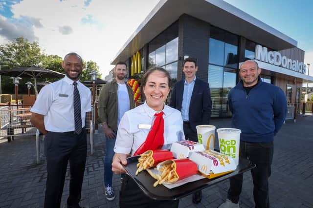 Andy Duncan, franchisee supervisor, McDonald’s Larne & Antrim, Neil McManus, Antrim GAA, Gemma Caldwell, business manager, McDonald’s Larne,  Paddy Cusack, franchisee, McDonald’s Larne & Antrim and  Rory Best, former Ireland & Ulster Rugby