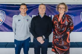 Gary Taylor [U20 coach] Colin McKendry [Coleraine FC Chairman], Angela Passmore [North Coast Integrated College Principal]. Photo Credit: Coleraine FC/David Cavan
