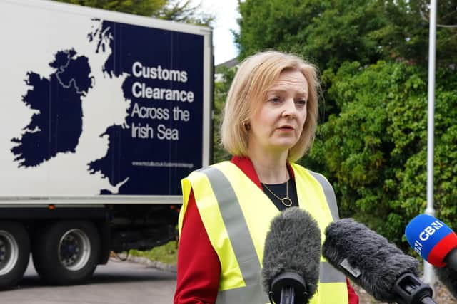 Foreign Secretary Liz Truss during a visit to McCulla Haulage, in Lisburn, Northern Ireland, to discuss the NI protocol with businesses