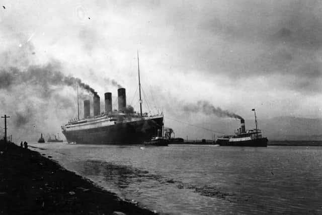 The SS 'Titanic', leaving Belfast to start her trials, pulled by tugs, shortly before her disastrous maiden voyage of April 1912.   (Photo by Topical Press Agency/Getty Images)
