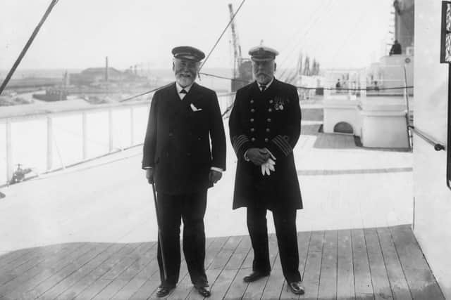 9th June 1911:  Captain John Smith (1850 - 1912) and Lord James Pirrie, Chairman of the Harland & Wolff Shipyard, on the deck of the White Star Liner 'Olympic'. Captain Smith later became Captain of the ill-fated 'Titanic' and went down with his ship.  (Photo by Topical Press Agency/Getty Images)