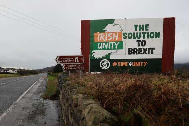 EMBARGOED TO 0001 THURSDAY MAY 26

File photo dated 27/12/20 of an anti Brexit billboard proposing a united Ireland as a solution to Brexit at the border between the Republic of Ireland and Northern Ireland, as  almost two-thirds of people in Northern Ireland believe that Brexit has increased the likelihood of Irish unity, according to the results of a social attitudes survey. PA Photo. Issue date: Thursday May 26, 2022. The 2021 results of the NI Life & Times survey, a joint initiative between Queen's University and Ulster University, also show 48% support for Northern Ireland remaining within the United Kingdom, a decline since 2016. See PA story ULSTER Unity. Photo credit should read: Brian Lawless/PA Wire