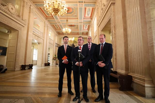 DUP leader Sir Jeffrey Donaldson with party colleagues Jonathan Buckley, Gavin Robinson and Gordon Lyons in the Great Hall after their meeting. 

Picture by Jonathan Porter/PressEye