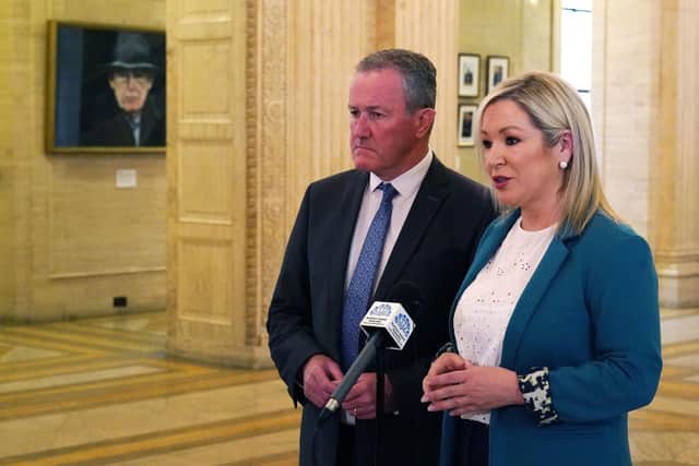 Sinn Fein Vice President Michelle O'Neill and party colleague Conor Murphy speaking today to the media in the great hall following their meeting with Congressman Richard Neal at Parliament Buildings, Stormont