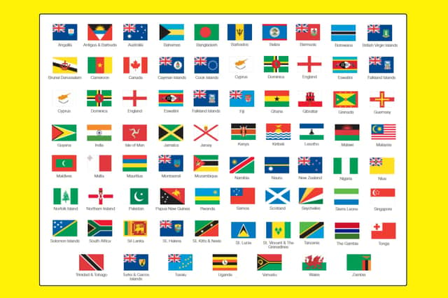 Whilst there are 54 members of the Commonwealth... there are atually 77 flags under which Commonwealth athletes can compete (pictured above, representing smaller countries which are part of bigger ones)