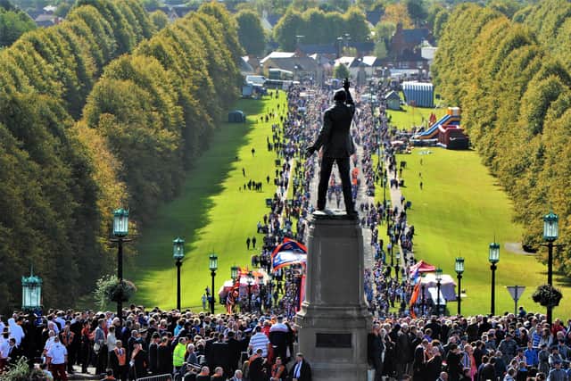 The Orange Order's 100th anniversary parade to commemorate the signing of the Ulster Covenant enters Stormont back in September 2012