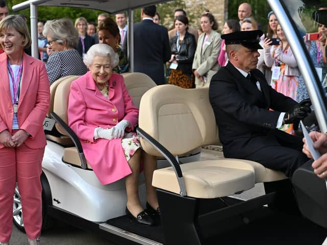 Queen Elizabeth sitting in a buggy during a visit by members of the royal family to the RHS Chelsea Flower Show 2022 last week