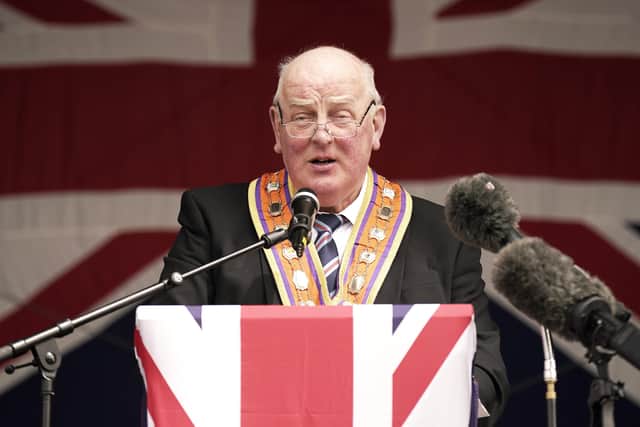 Grand Master of the Orange Order Edward Stevenson, speaking at Stormont before the start of the Northern Ireland centenary parade from Stormont towards City Hall in Belfast, to commemorate the creation of Northern Ireland. Picture date: Saturday May 28, 2022.