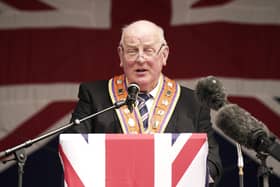 Grand Master of the Orange Order Edward Stevenson, speaking at Stormont before the start of the Northern Ireland centenary parade from Stormont towards City Hall in Belfast, to commemorate the creation of Northern Ireland. Picture date: Saturday May 28, 2022.