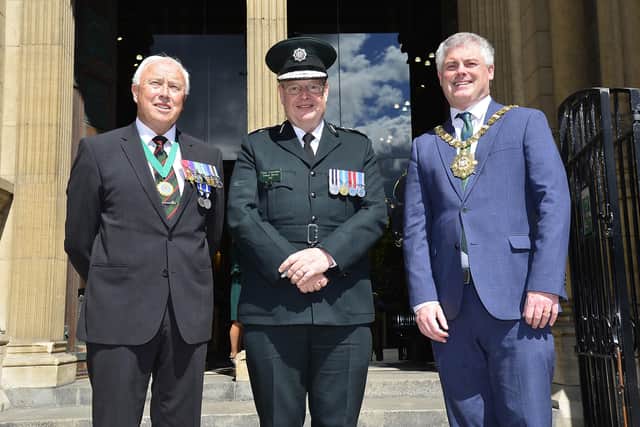 PSNI Chief Constable Simon Byrne, RUC GC Foundation chairman Stephen White and Belfast Lord Mayor
Councillor Michael Long pictured at the event.
Picture By: Arthur Allison/Pacemaker Press.
