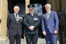 PSNI Chief Constable Simon Byrne, RUC GC Foundation chairman Stephen White and Belfast Lord Mayor
Councillor Michael Long pictured at the event.
Picture By: Arthur Allison/Pacemaker Press.