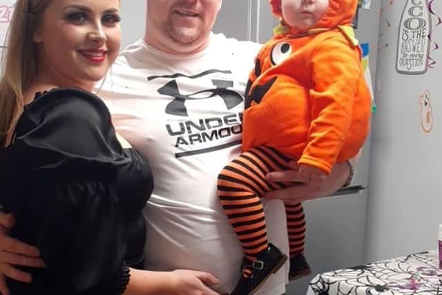 Mark Hall with his partner Sabrina Wilde, who was pregnant with their second child in this picture, and their young child Freya Joanne Hall.