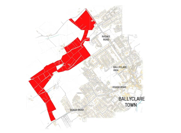 A map of the planned new zone in red; the site is so massive that the News Letter has had to compile this map itself from a series of smaller ones