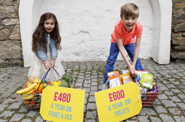 Meadow Neville (6) and Alexander Bellintani (10) show how much we spend on fruit and veg compared to 'treats'