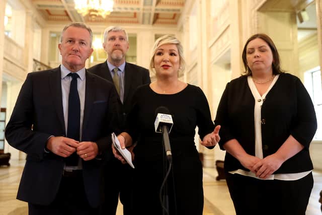 Conor Murphy, John O'Dowd, Sinn Fein Vice President Michelle O'Neill and MLA for South Belfast Deirdre Hargey, speak to the media after the Stormont Assembly failed for the second time to elect a new speaker