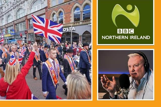 Images of Orangemen on the march; the BBC NI logo and Mr Nolan himself