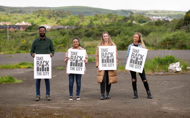 Mohammed Osman, Tawsul Mohammed, Marissa McMahon and Laura Ryan of Take Back the City coalition launch the Take Back the City Design Competition on the Mackies site in Belfast