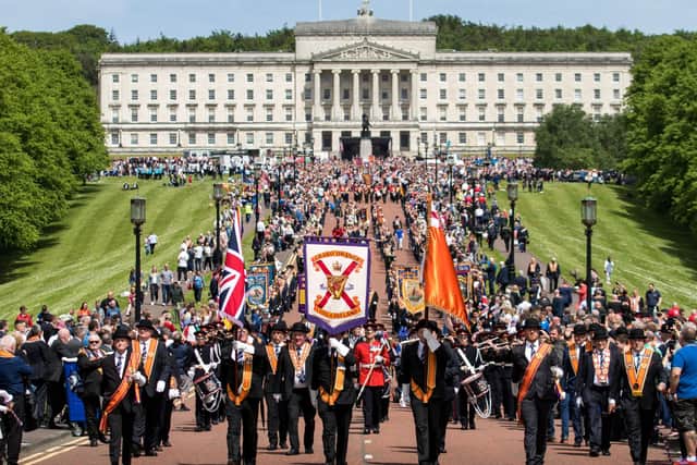 The Orange Order's Northern Ireland CentenNIal Parade leaves the Stormont estate. Picture: Graham Baalham-Curry